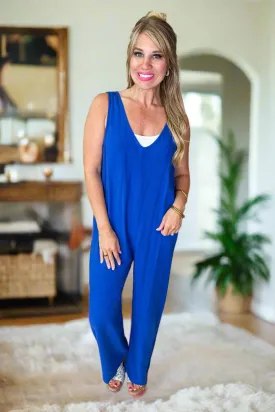 Pocketed Tank Top Linen Jumpsuit in Blue