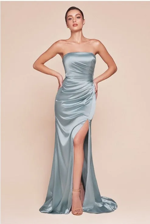Posh Luxury Strapless Satin Sage Gown w/Sash