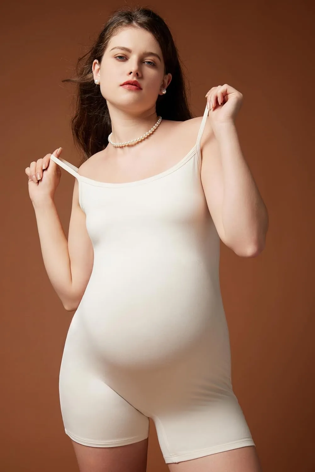 POSHDIVAH Women's Maternity Spaghetti Strap Bodysuit Shorts Pregnancy Bodycon Jumpsuit Sleeveless Tank Top Romper Shapewear