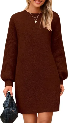 PRETTYGARDEN Women's Winter Pullover Sweaters Long Lantern Sleeve Crewneck Chunky Knit Slouchy Oversized Sweater Dress