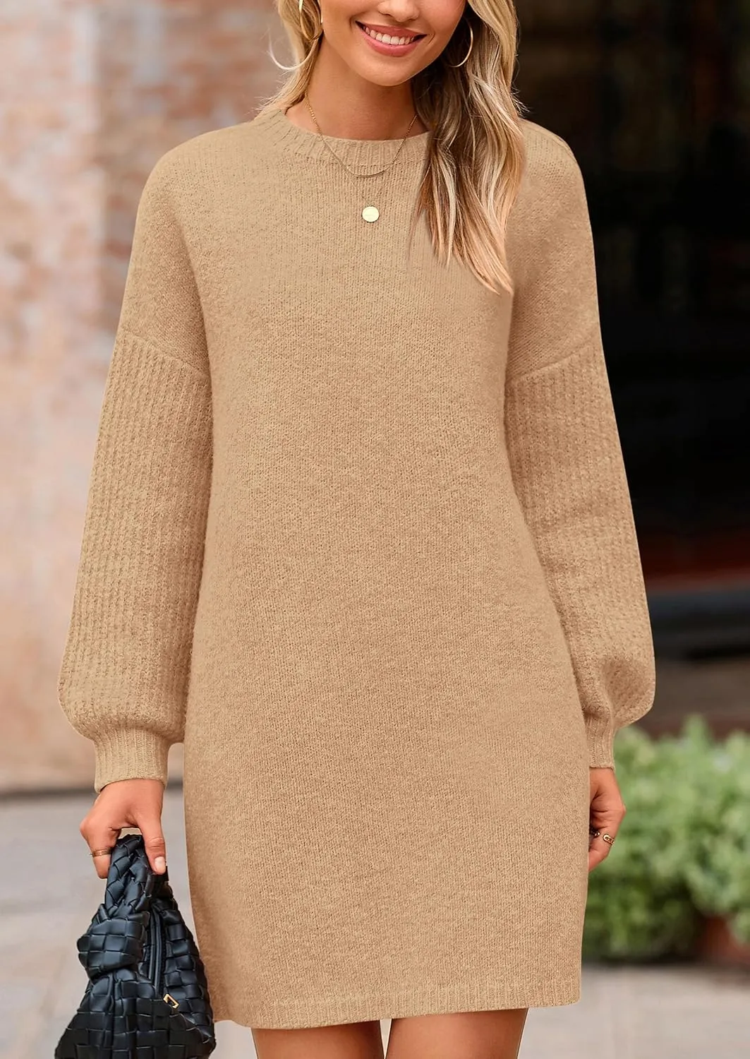 PRETTYGARDEN Women's Winter Pullover Sweaters Long Lantern Sleeve Crewneck Chunky Knit Slouchy Oversized Sweater Dress