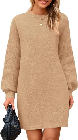 PRETTYGARDEN Women's Winter Pullover Sweaters Long Lantern Sleeve Crewneck Chunky Knit Slouchy Oversized Sweater Dress