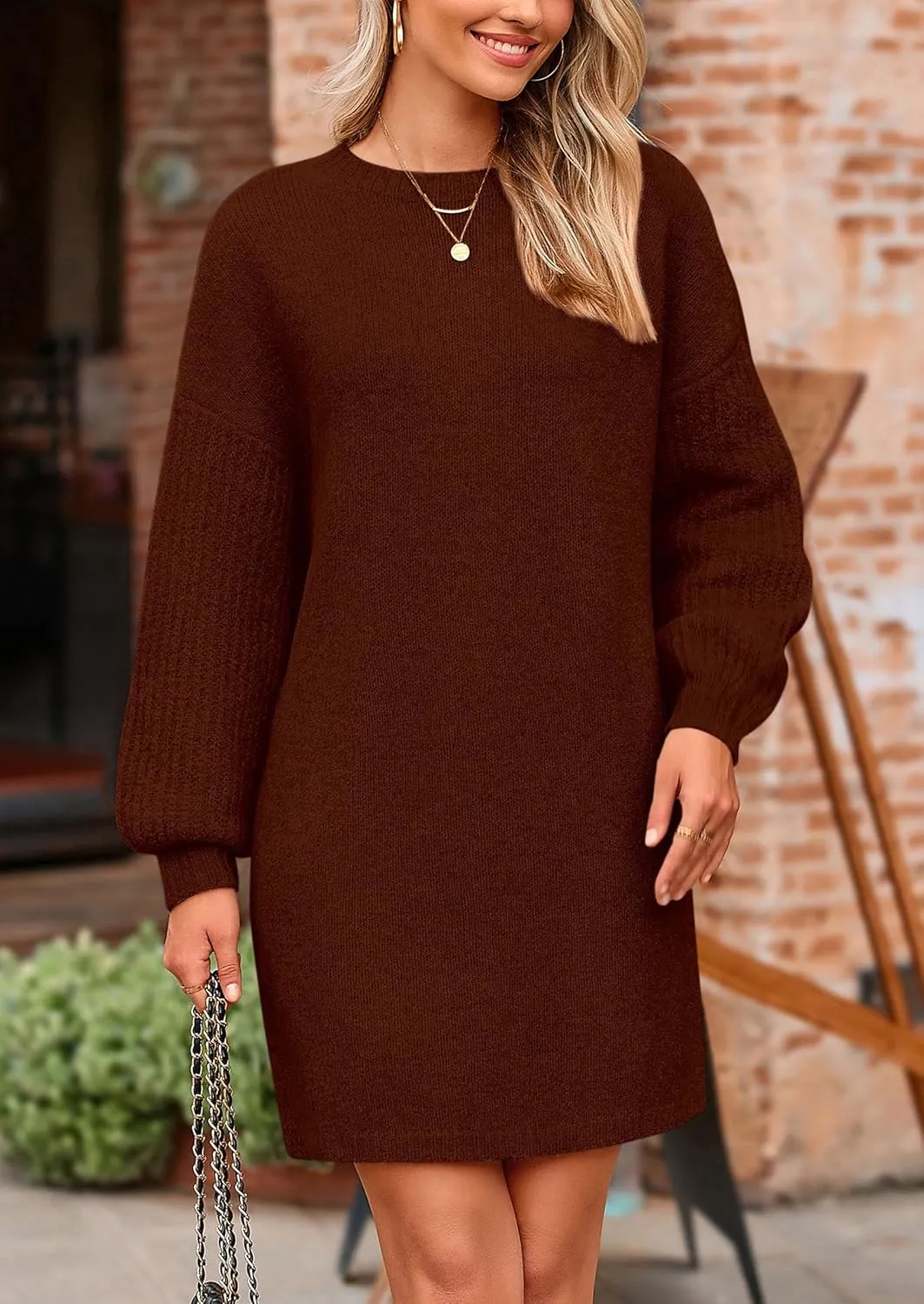 PRETTYGARDEN Women's Winter Pullover Sweaters Long Lantern Sleeve Crewneck Chunky Knit Slouchy Oversized Sweater Dress