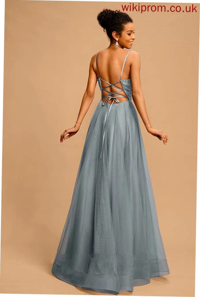 Prom Dresses With Ball-Gown/Princess Neckline Beading Floor-Length Tulle Square Sequins Litzy