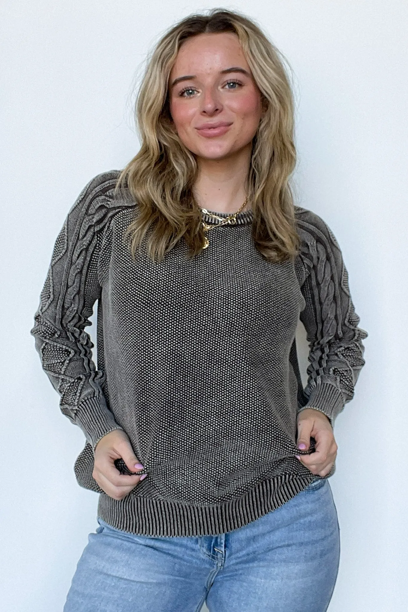 Prominent Charm Cable Knit Sleeve Sweater - FINAL SALE