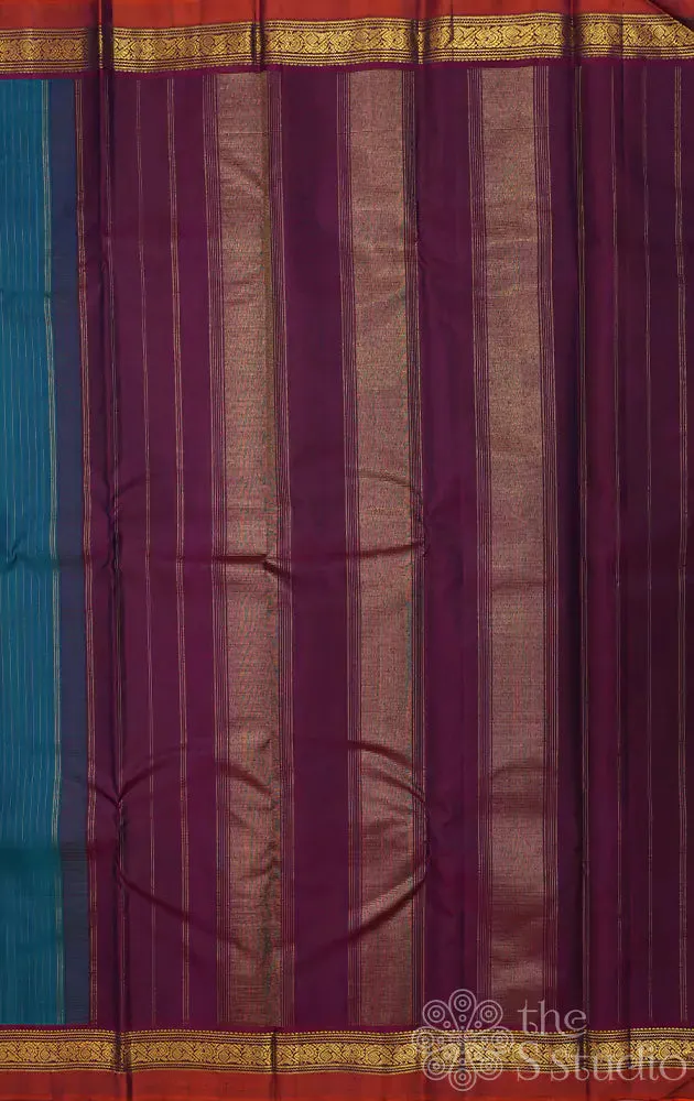 Rama blue kanchi silk saree with vertical thread lines and purple pallu