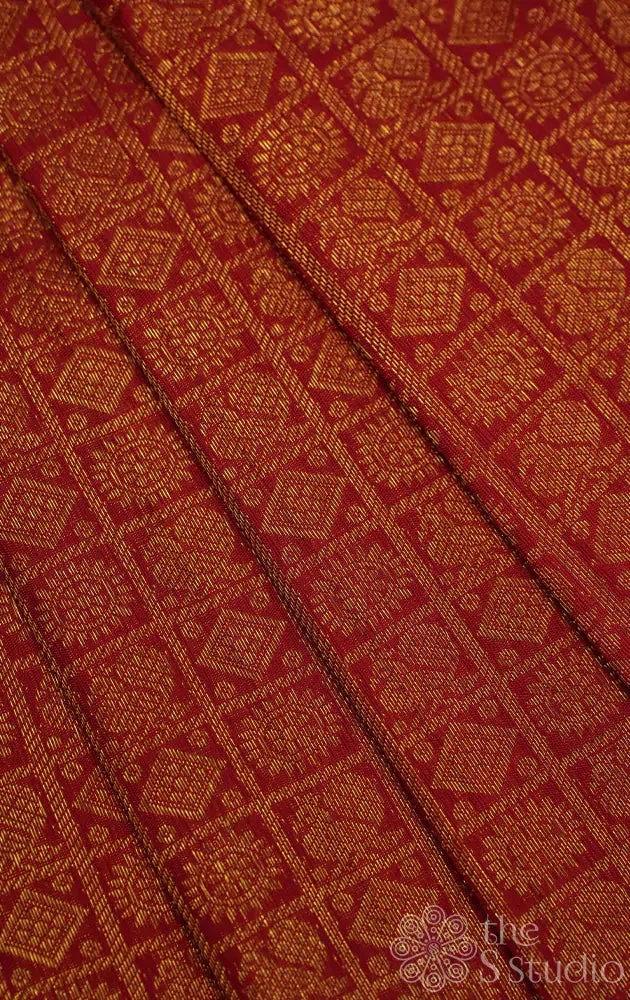 Red kanchi silk blouse material with mayil chakram buttas