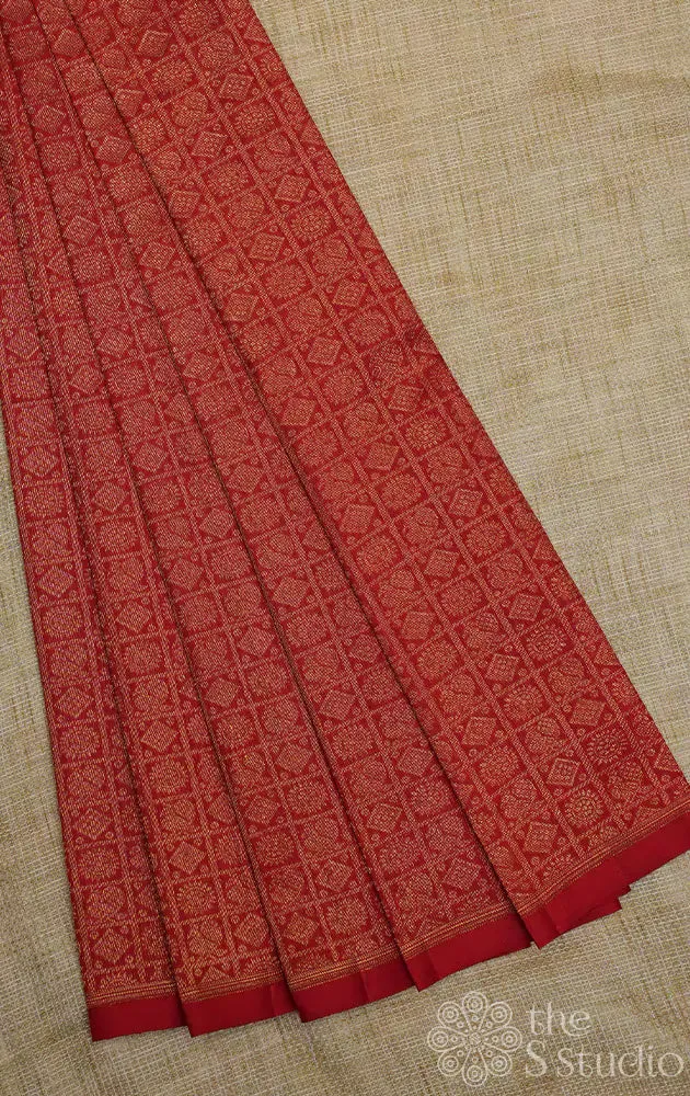 Red kanchi silk blouse material with mayil chakram buttas
