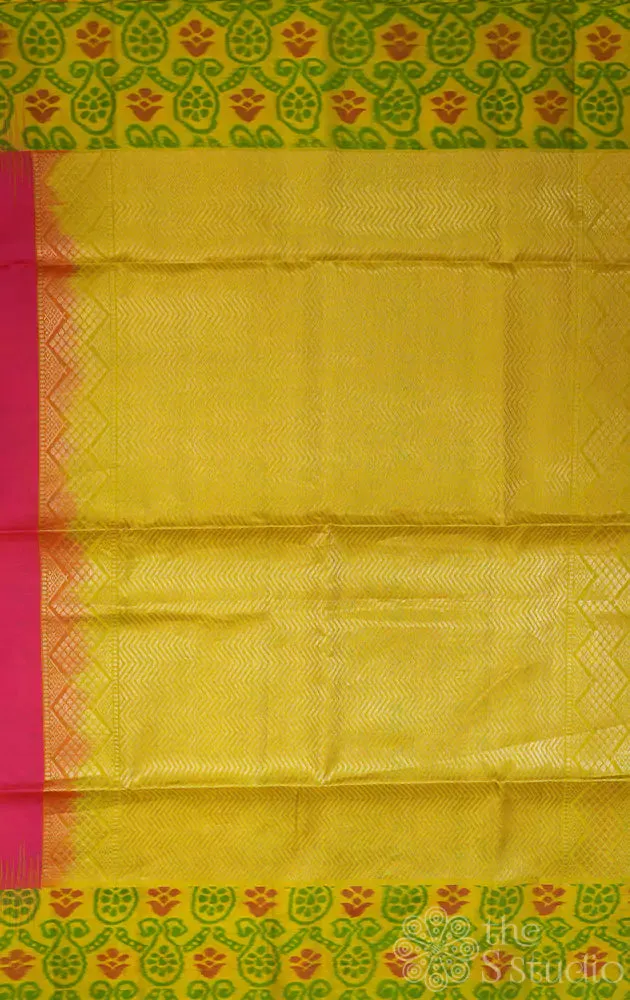 Reddish peach soft silk saree with lime green ikat woven border