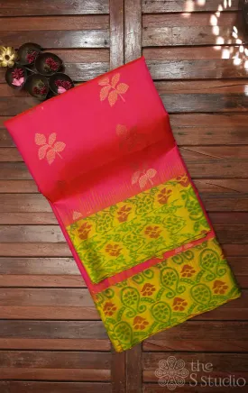 Reddish peach soft silk saree with lime green ikat woven border