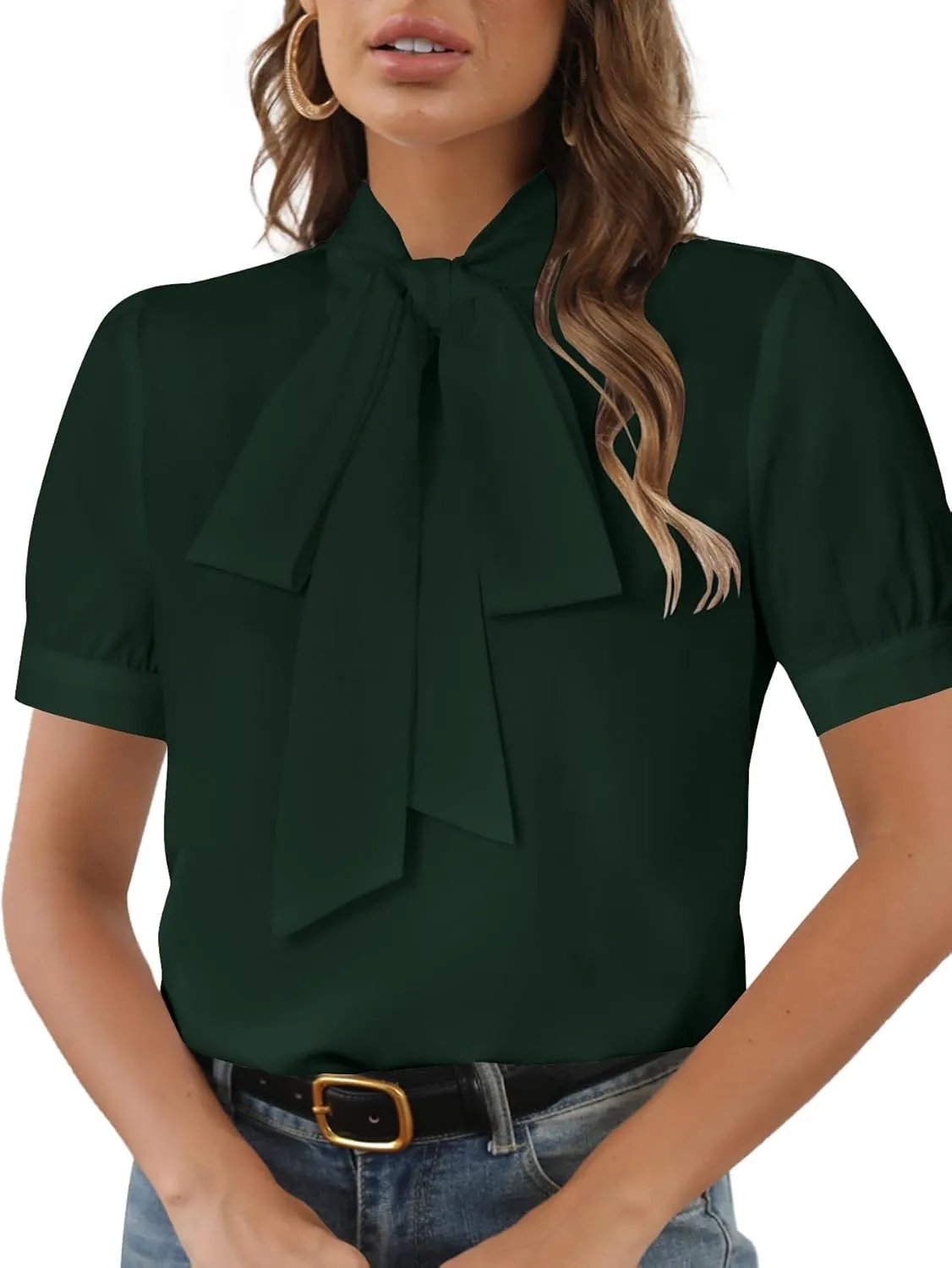 Rooscier Women's Bow Tie Neck Short Sleeve Elegant Office Workwear Blouse Shirt Tops