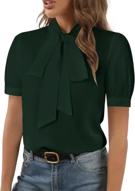Rooscier Women's Bow Tie Neck Short Sleeve Elegant Office Workwear Blouse Shirt Tops