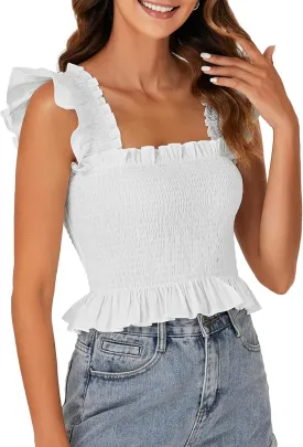 Rooscier Women's Square Neck Smocked Ruffle Cap Sleeve Cami Peplum Top