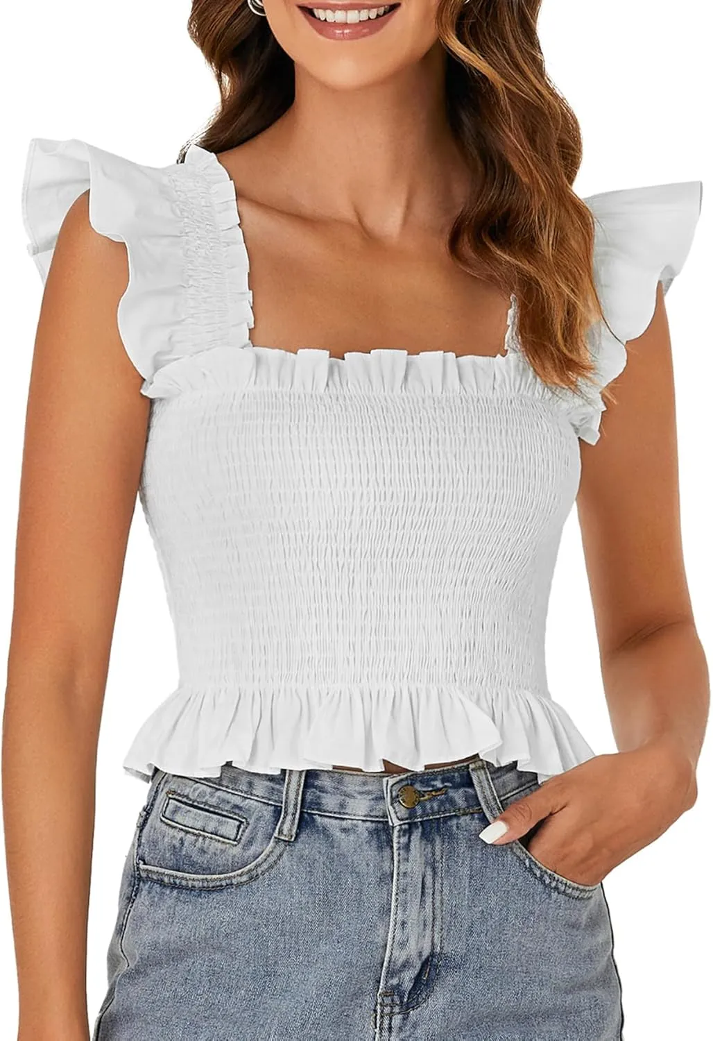 Rooscier Women's Square Neck Smocked Ruffle Cap Sleeve Cami Peplum Top