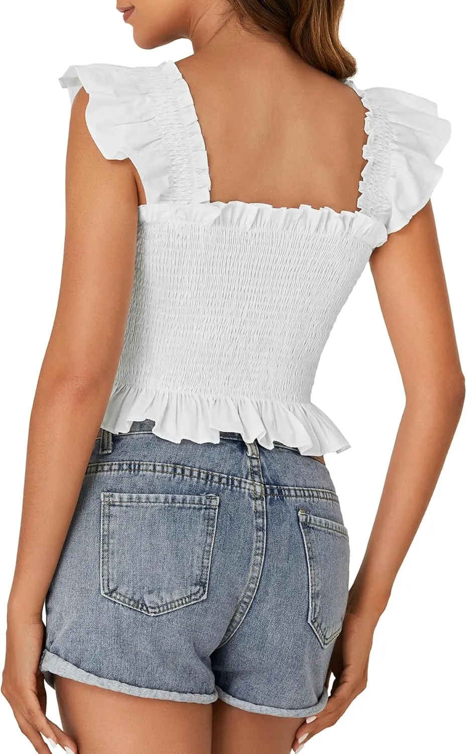 Rooscier Women's Square Neck Smocked Ruffle Cap Sleeve Cami Peplum Top