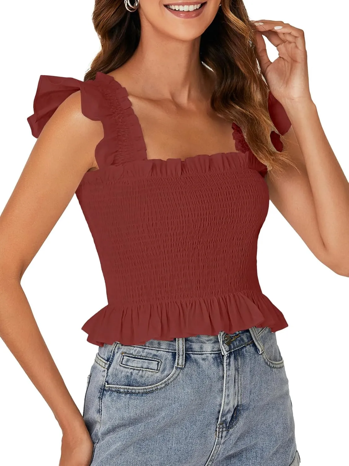 Rooscier Women's Square Neck Smocked Ruffle Cap Sleeve Cami Peplum Top