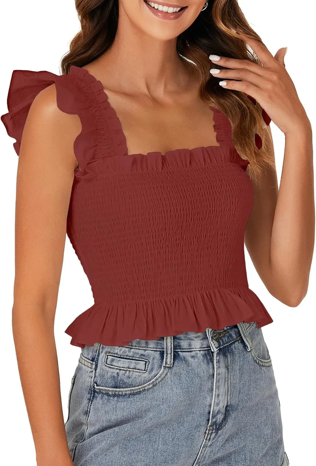 Rooscier Women's Square Neck Smocked Ruffle Cap Sleeve Cami Peplum Top