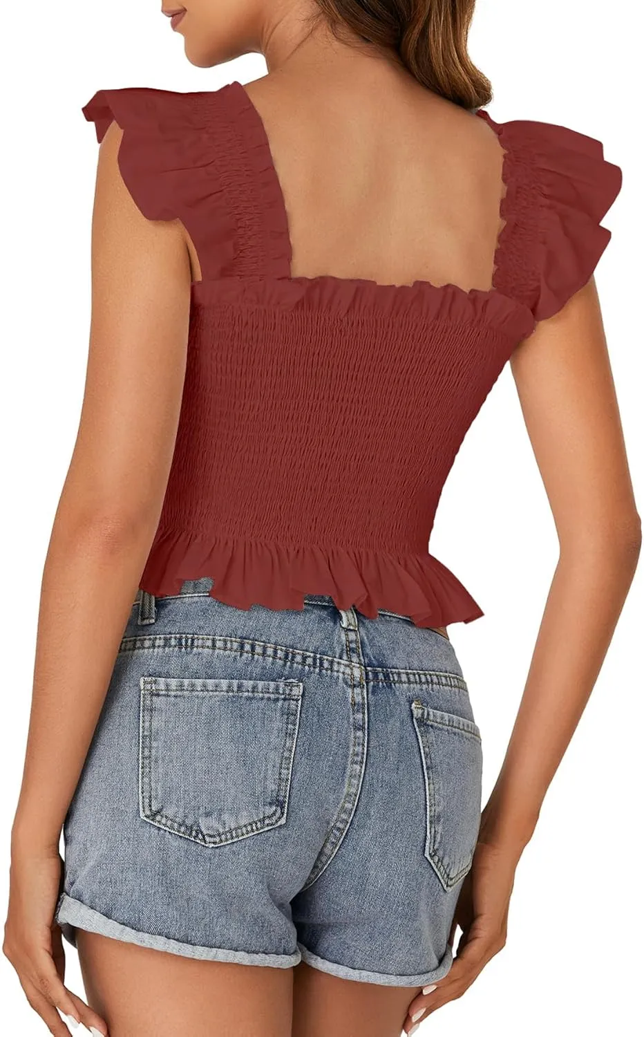 Rooscier Women's Square Neck Smocked Ruffle Cap Sleeve Cami Peplum Top