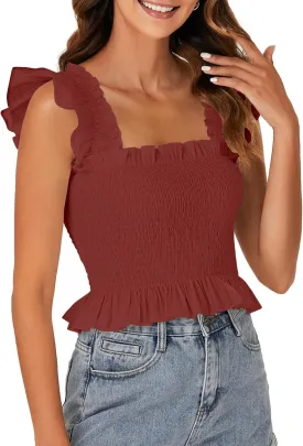 Rooscier Women's Square Neck Smocked Ruffle Cap Sleeve Cami Peplum Top