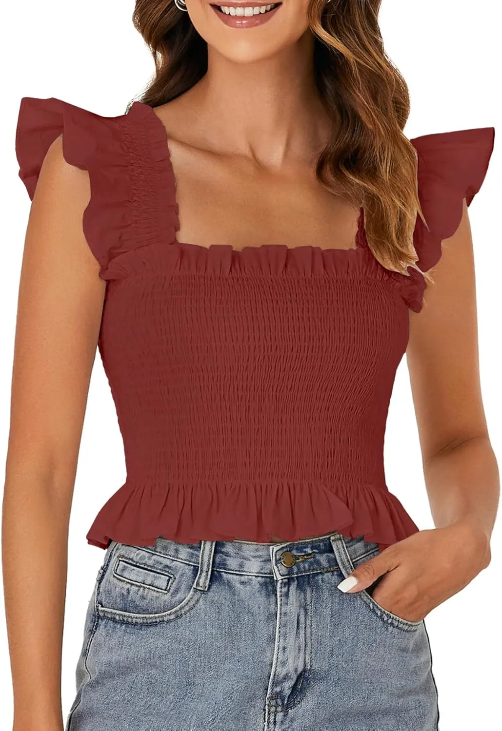 Rooscier Women's Square Neck Smocked Ruffle Cap Sleeve Cami Peplum Top