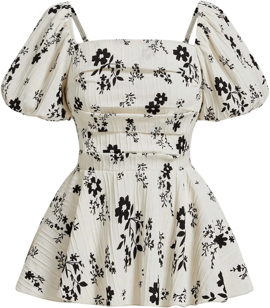 SHENHE Women's Floral Short Puff Sleeve Square Neck Smocked Ruffle Peplum Blouse Top