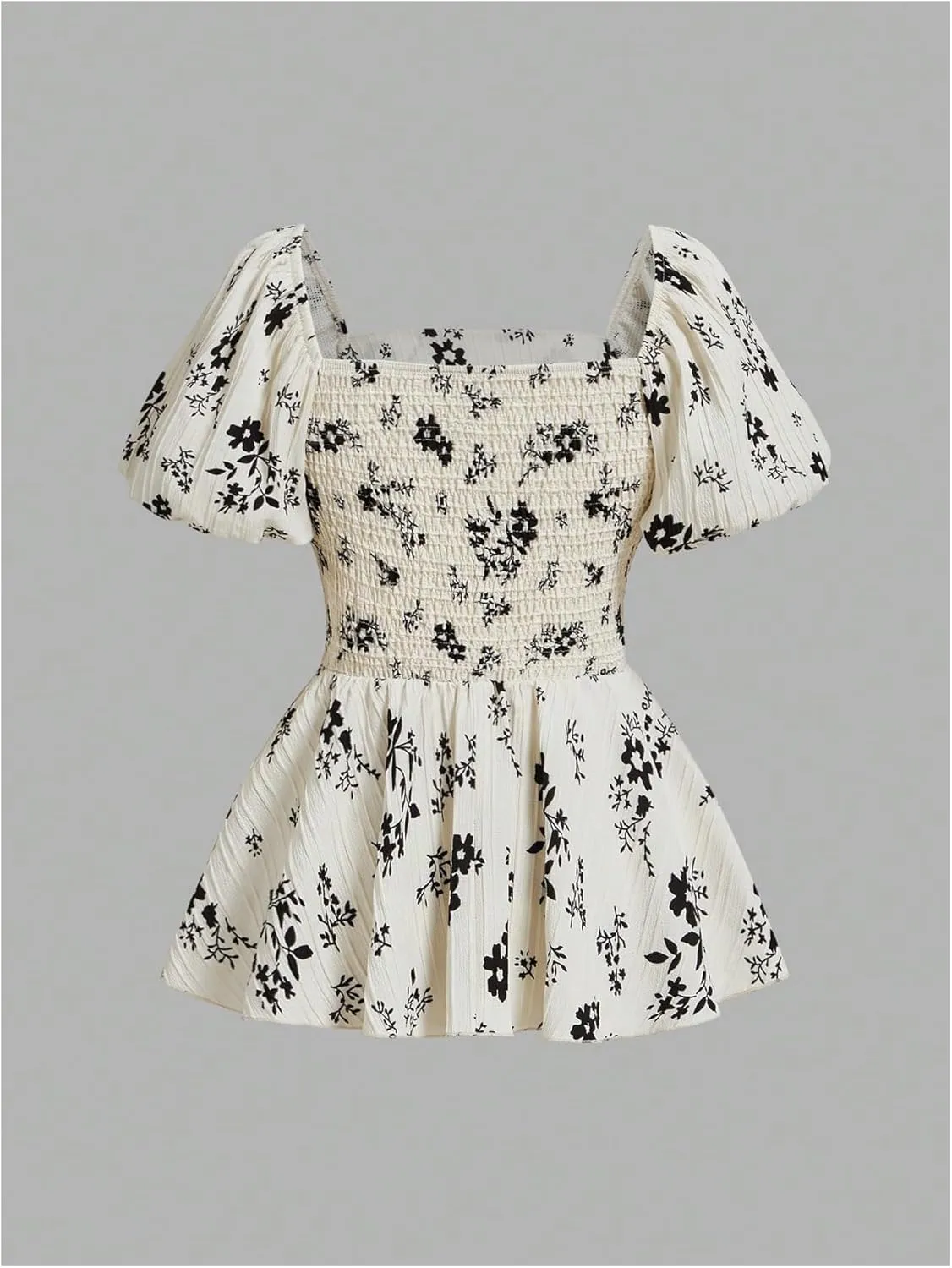 SHENHE Women's Floral Short Puff Sleeve Square Neck Smocked Ruffle Peplum Blouse Top
