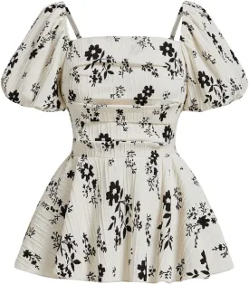 SHENHE Women's Floral Short Puff Sleeve Square Neck Smocked Ruffle Peplum Blouse Top
