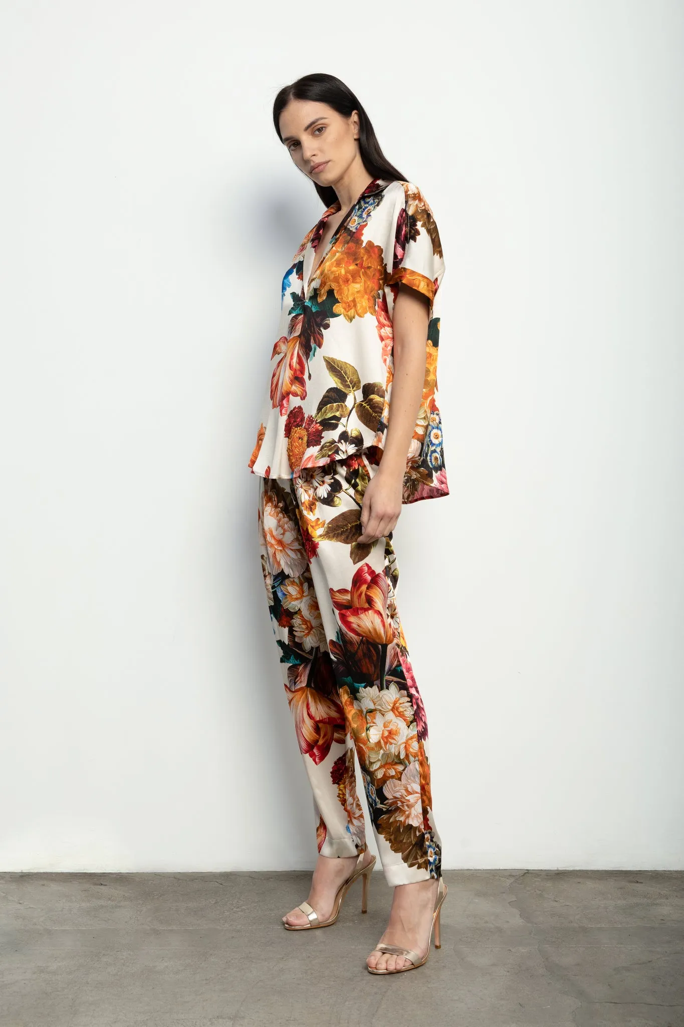 Short Sleeve Blouse   Ivory Bouquet Stretch Silk
