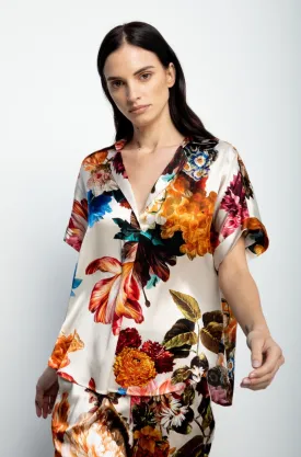 Short Sleeve Blouse   Ivory Bouquet Stretch Silk