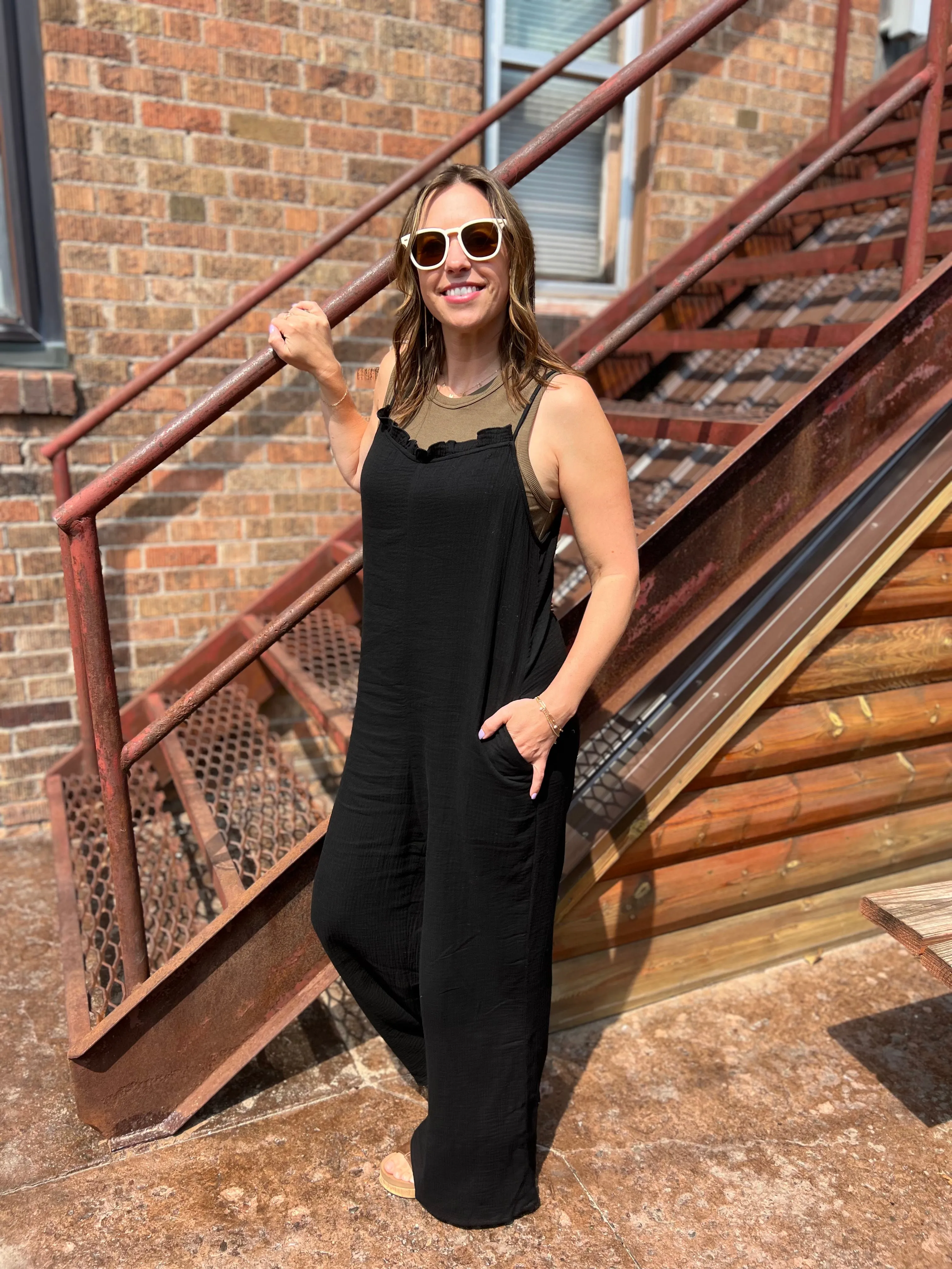 Sleeveless Scoop Back Ruffled Neckline Jumpsuit