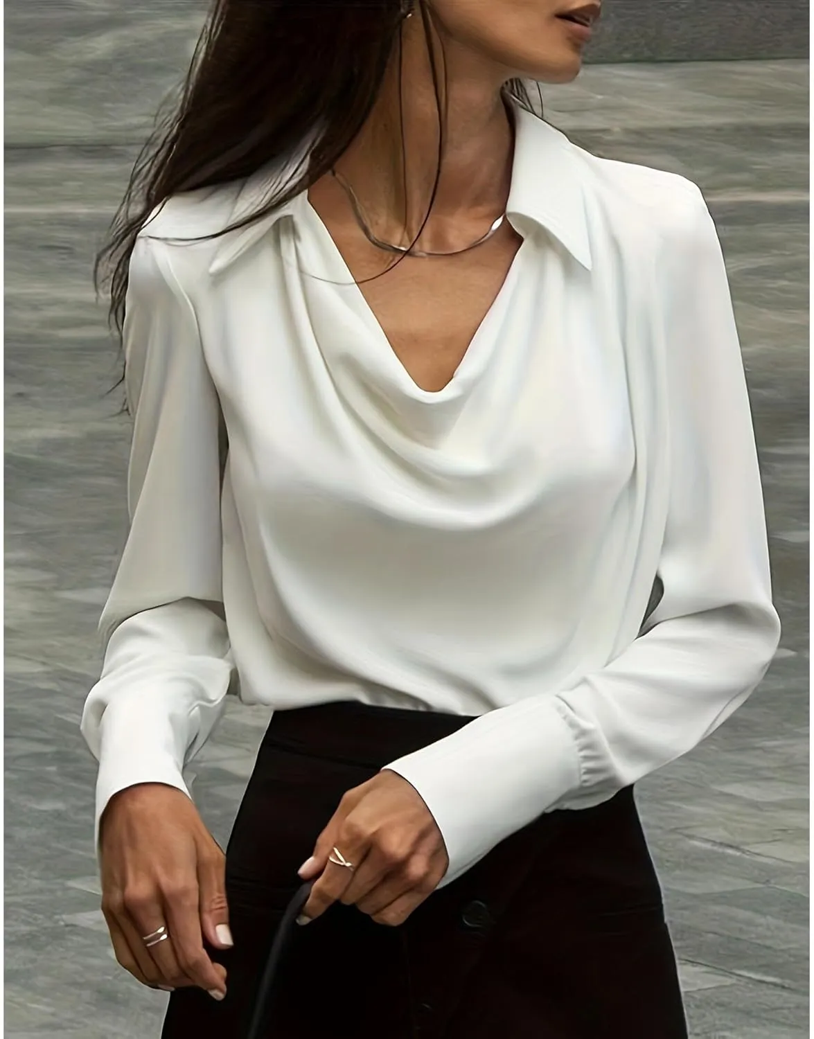 SOMTHRON Women's Elegant Satin Silk Blouse Cowl Neck Ruched Front Draped Long Sleeve Work Office Shirt Top