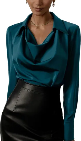 SOMTHRON Women's Elegant Satin Silk Blouse Cowl Neck Ruched Front Draped Long Sleeve Work Office Shirt Top