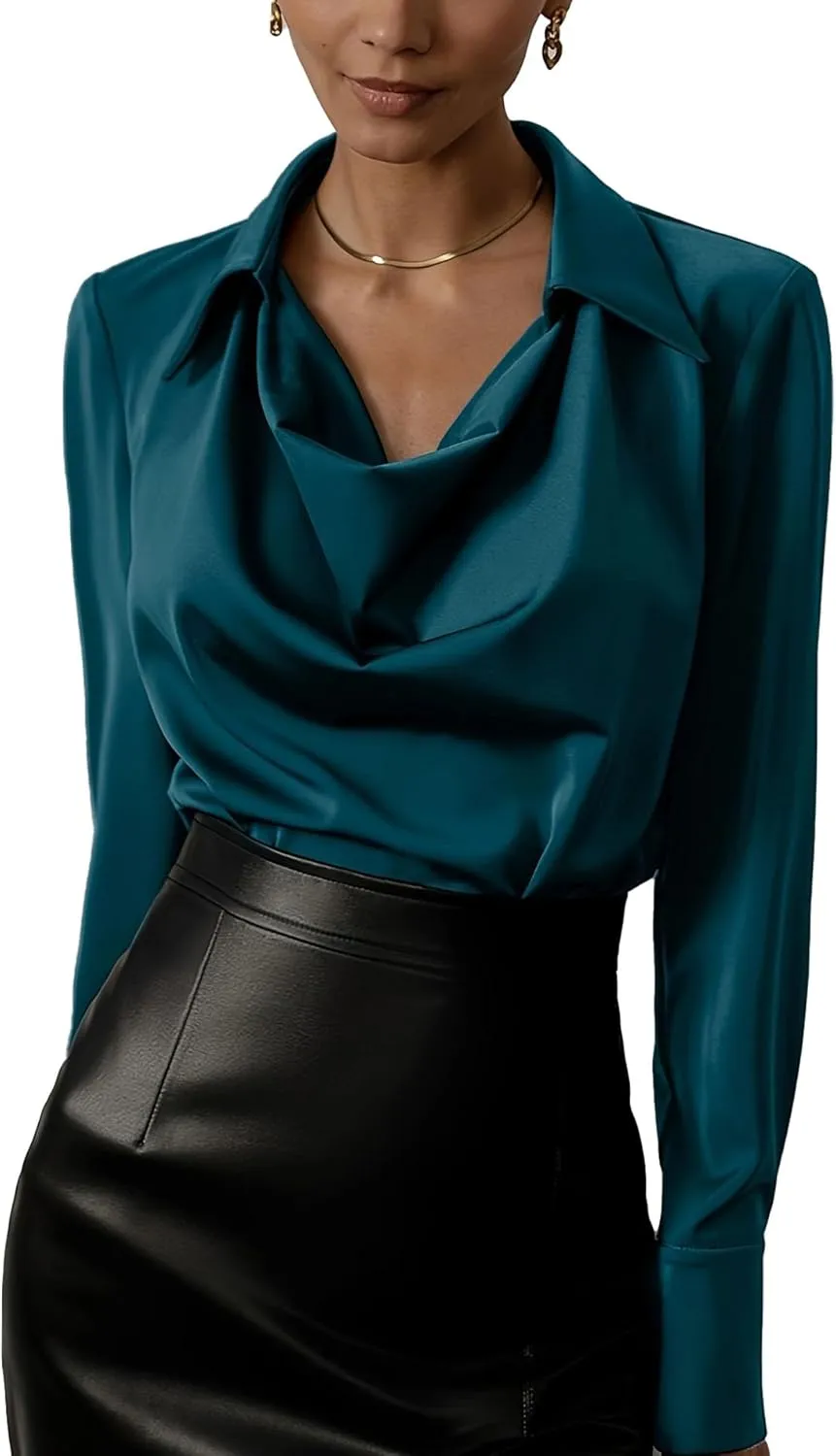 SOMTHRON Women's Elegant Satin Silk Blouse Cowl Neck Ruched Front Draped Long Sleeve Work Office Shirt Top