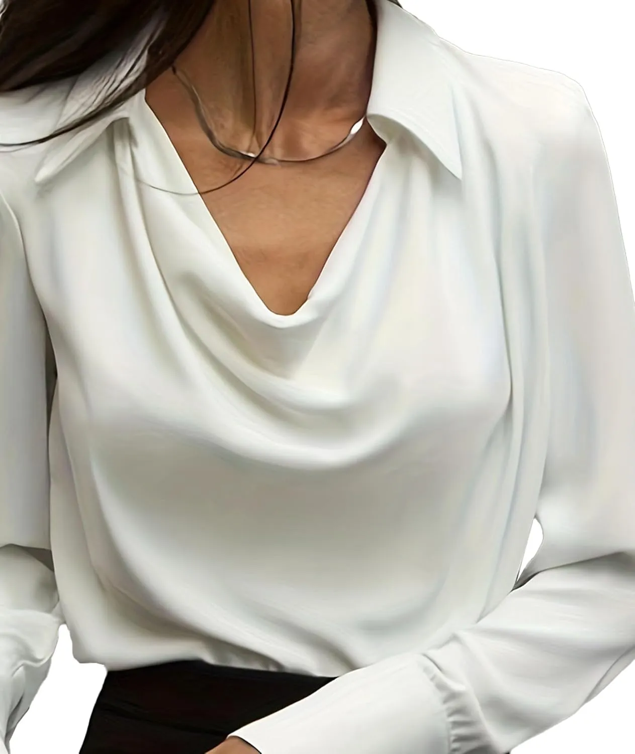 SOMTHRON Women's Elegant Satin Silk Blouse Cowl Neck Ruched Front Draped Long Sleeve Work Office Shirt Top