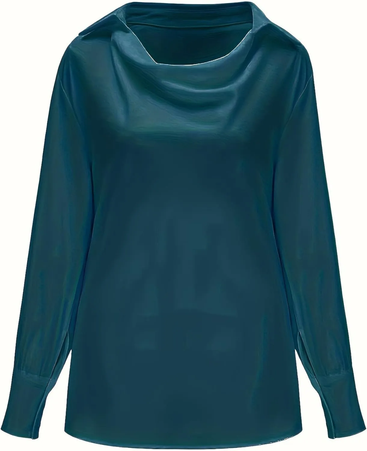 SOMTHRON Women's Elegant Satin Silk Blouse Cowl Neck Ruched Front Draped Long Sleeve Work Office Shirt Top
