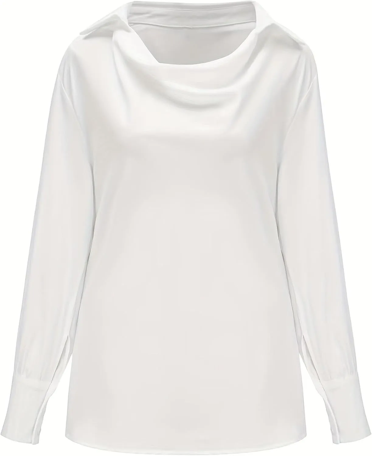 SOMTHRON Women's Elegant Satin Silk Blouse Cowl Neck Ruched Front Draped Long Sleeve Work Office Shirt Top