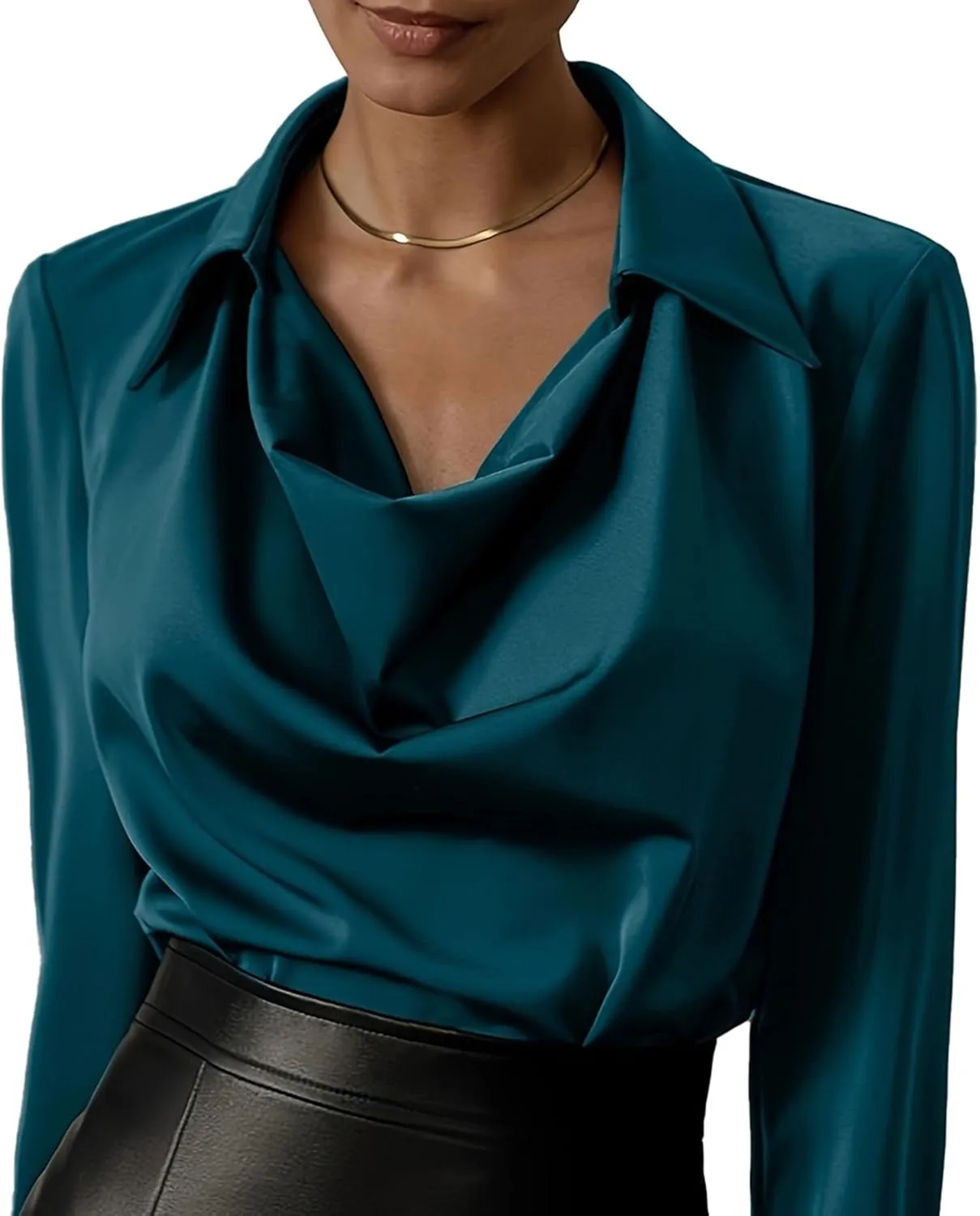 SOMTHRON Women's Elegant Satin Silk Blouse Cowl Neck Ruched Front Draped Long Sleeve Work Office Shirt Top