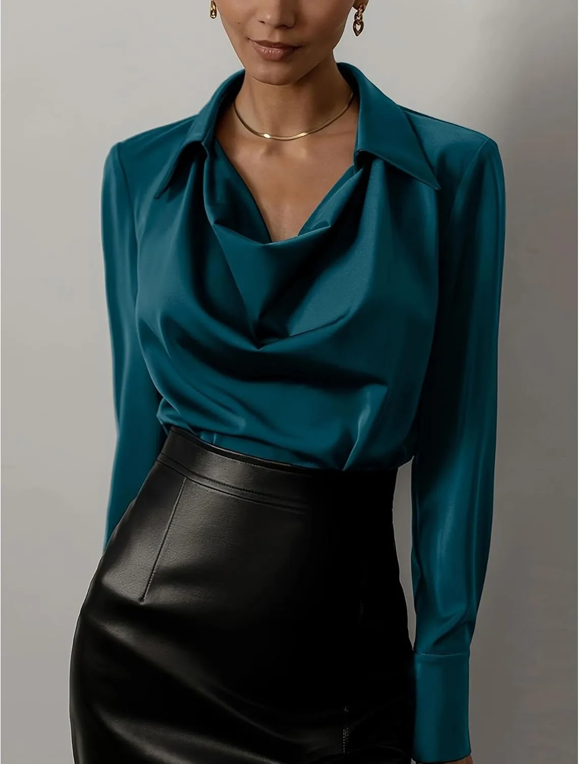 SOMTHRON Women's Elegant Satin Silk Blouse Cowl Neck Ruched Front Draped Long Sleeve Work Office Shirt Top