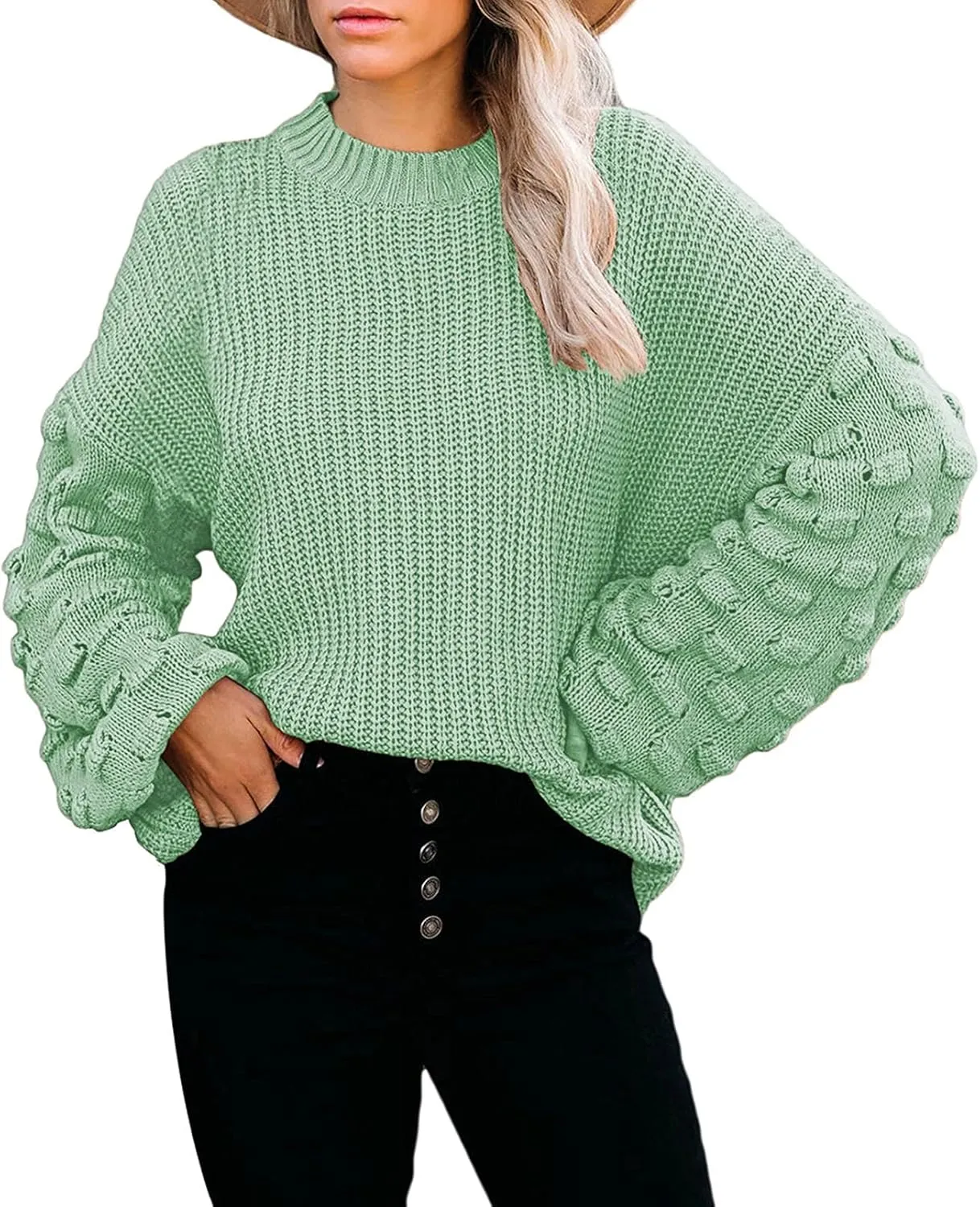 Sovoyontee Women's 2024 Fall Oversized Crewneck Long Puff Sleeve Chunky Knit Pullover Sweater Tops