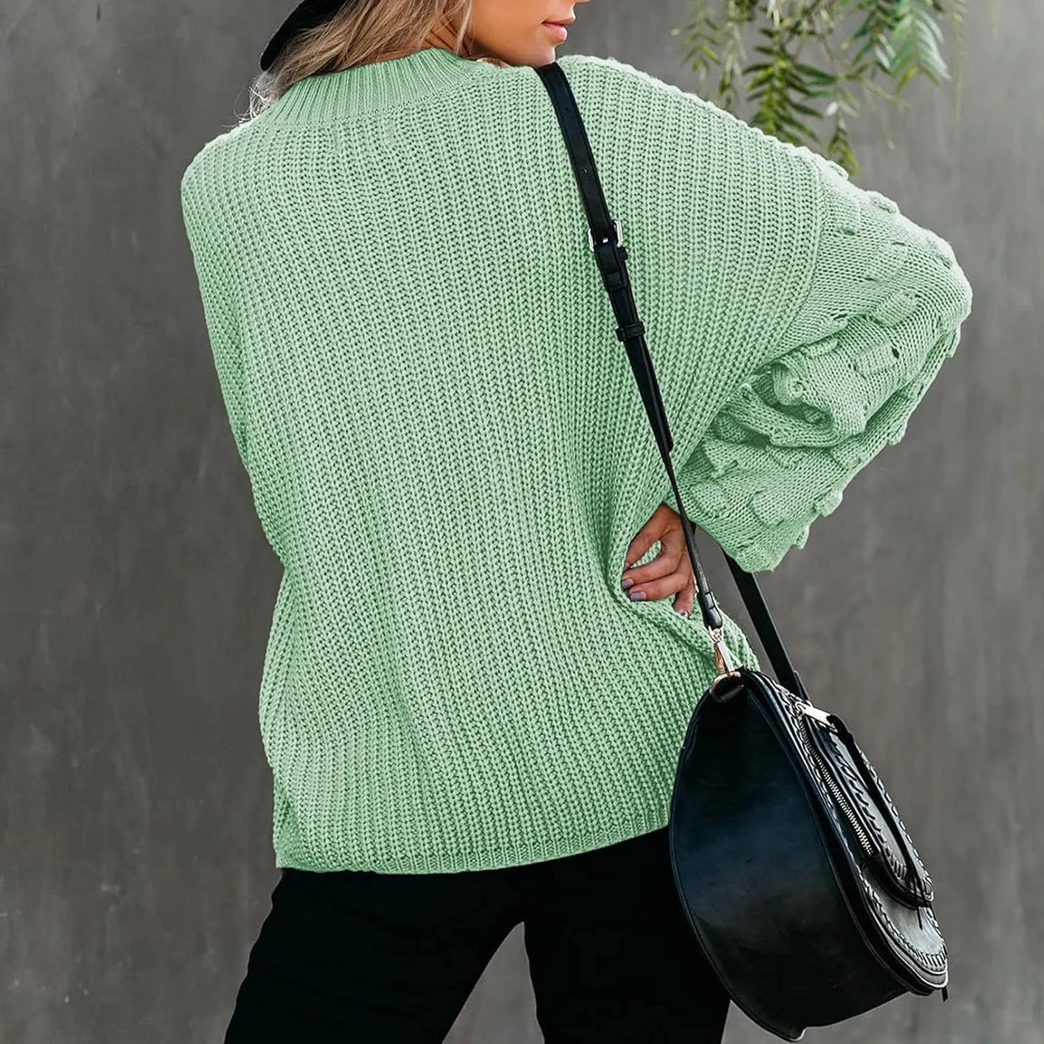Sovoyontee Women's 2024 Fall Oversized Crewneck Long Puff Sleeve Chunky Knit Pullover Sweater Tops