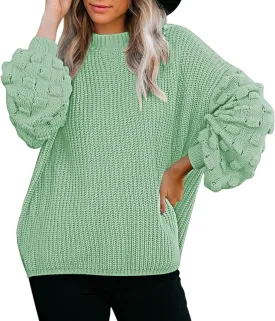 Sovoyontee Women's 2024 Fall Oversized Crewneck Long Puff Sleeve Chunky Knit Pullover Sweater Tops