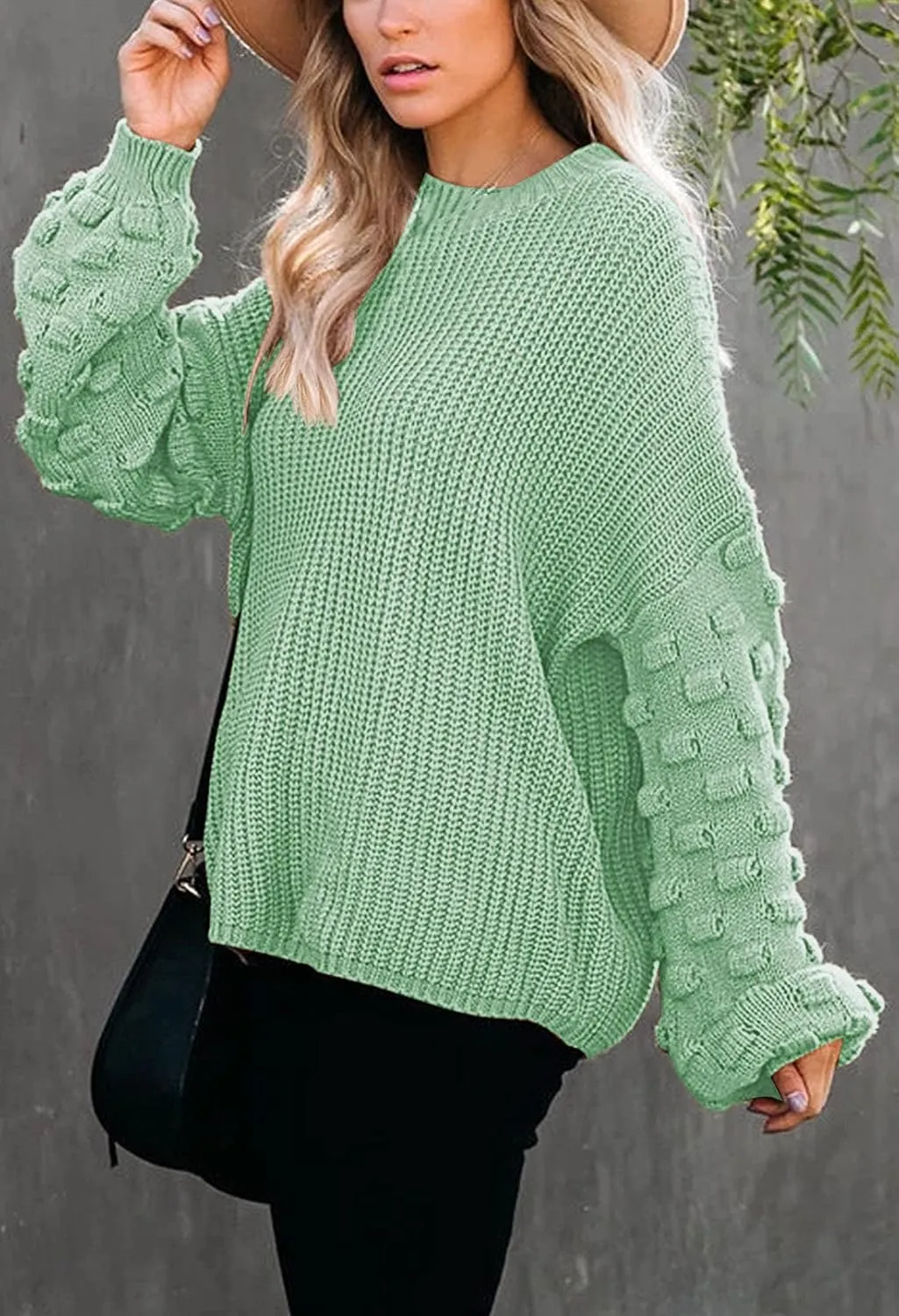 Sovoyontee Women's 2024 Fall Oversized Crewneck Long Puff Sleeve Chunky Knit Pullover Sweater Tops