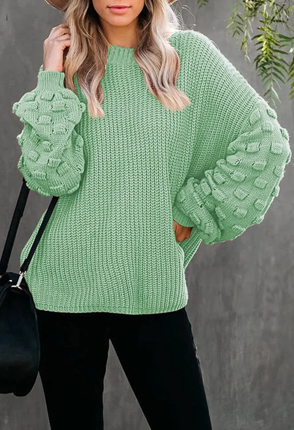 Sovoyontee Women's 2024 Fall Oversized Crewneck Long Puff Sleeve Chunky Knit Pullover Sweater Tops