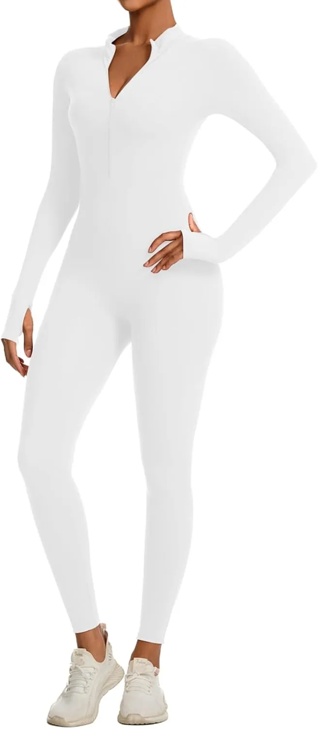 speerise Women Long Sleeve Bodycon Romper Bodysuit Jumpsuit Zip Front Tummy Control Slimming Yoga Fitness Workout Wear