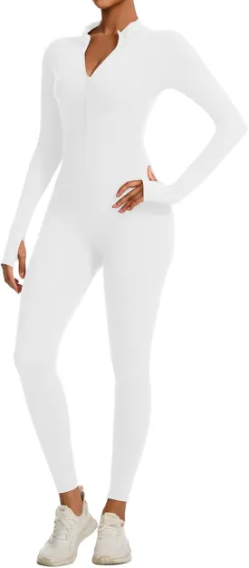 speerise Women Long Sleeve Bodycon Romper Bodysuit Jumpsuit Zip Front Tummy Control Slimming Yoga Fitness Workout Wear