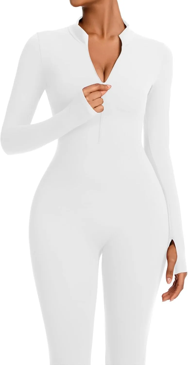speerise Women Long Sleeve Bodycon Romper Bodysuit Jumpsuit Zip Front Tummy Control Slimming Yoga Fitness Workout Wear