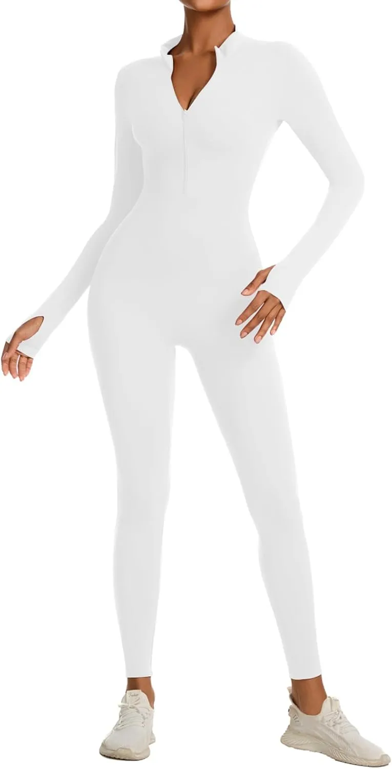 speerise Women Long Sleeve Bodycon Romper Bodysuit Jumpsuit Zip Front Tummy Control Slimming Yoga Fitness Workout Wear