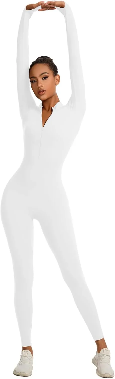 speerise Women Long Sleeve Bodycon Romper Bodysuit Jumpsuit Zip Front Tummy Control Slimming Yoga Fitness Workout Wear