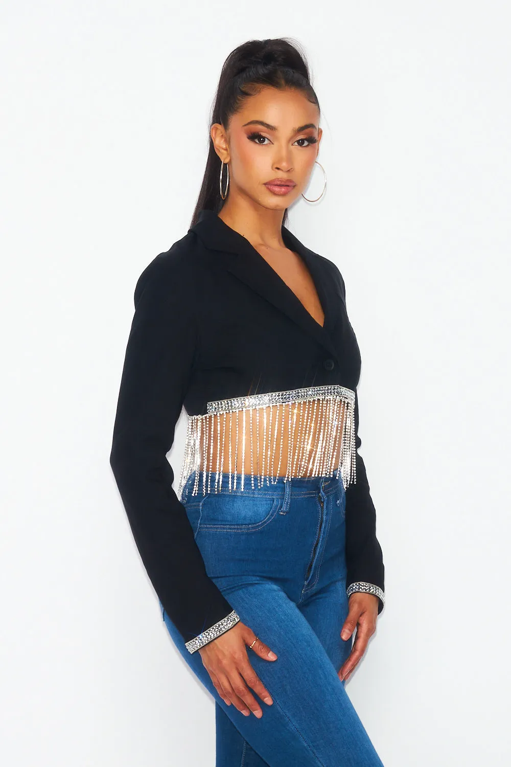 Stay By My Side Rhinestone Cropped Blazer Jacket