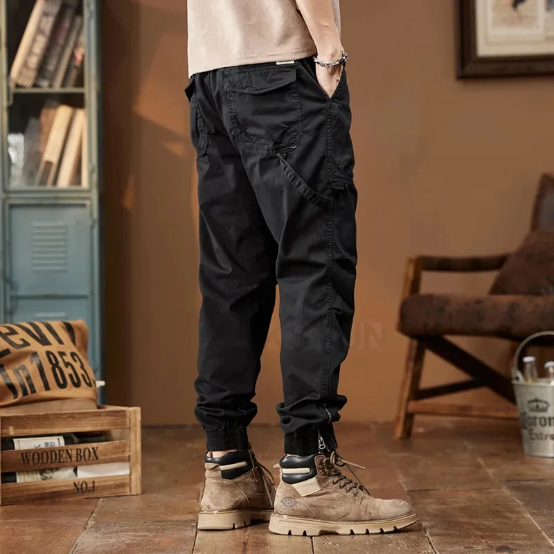 Stretch Casual Harem Pants For Men Cargo Pants Pleated Man Jogger Fashion Side Striped Ankle banded Pants Bottom Zipper Desinger